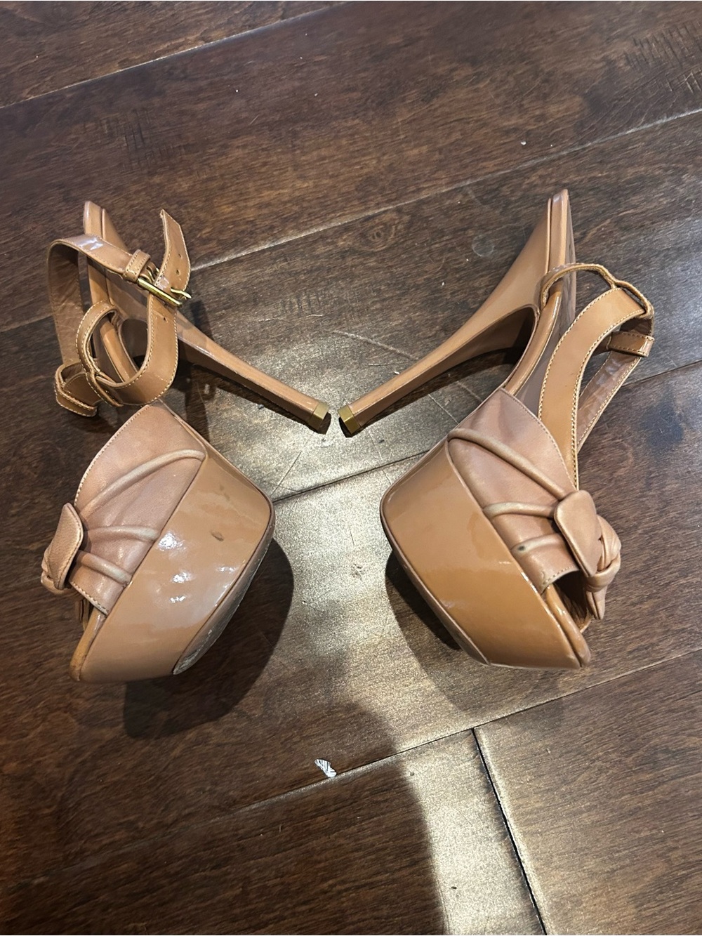 YSL SAINT LAURENT "POPPY" 105 BOW MARY JANE PLATFORM LEATHER DARK NUDE SANDALS - Picture 2 of 4